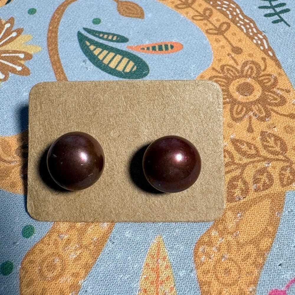 Reddish Brown freshwater pearl Round Stud Earrings